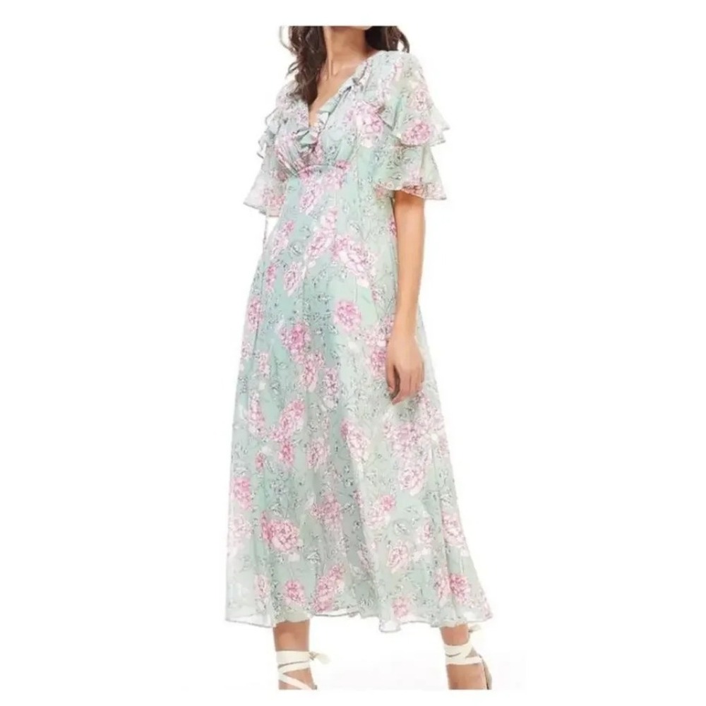 Gal Meets Glam Shelby Maxi Dress Floral Mint Green Pink Ruffle Chiffon Size 8